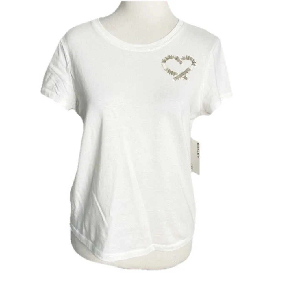 Bailey 44 Heart Rhinestone White Short Sleeve Tee Shirt Top Small Casual Party - Picture 1 of 3